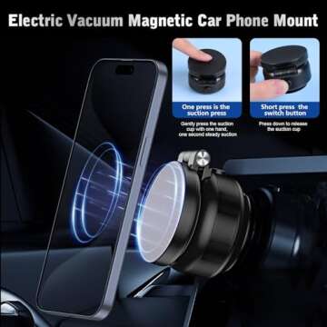 hepanio Electric Vacuum Magnetic Suction Phone Holder,Adjustable Suction Cup Phone Mount for Car,Foldable Smart Double-Sided Magnetic Phone Holder (Upgraded Black-Adjustable Telescopic Bracket)