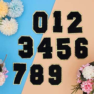 Chenille Iron on Number Patches, KJMYYXGS Black Varsity Number Patches Iron on Chenille Glitters Number Patches for Jackets Clothing(Black)