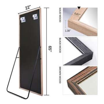TheiaMo 65"×22" Wooden Full Length Mirror, Floor Mirror with Standing Holder Leaning/Hanging Mirror Wood Frame Large Wall-Mounted Mirror for Bedroom/Living Room, Brown Wood