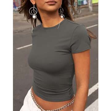 ZHENWEI Cute Workout Sets for Women Short Sleeve Basic Gym Athletic Tee Tight Cropped T Shirt Tops Black&Grey L