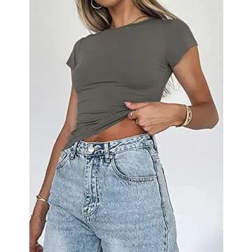 ZHENWEI Cute Workout Sets for Women Short Sleeve Basic Gym Athletic Tee Tight Cropped T Shirt Tops Black&Grey L