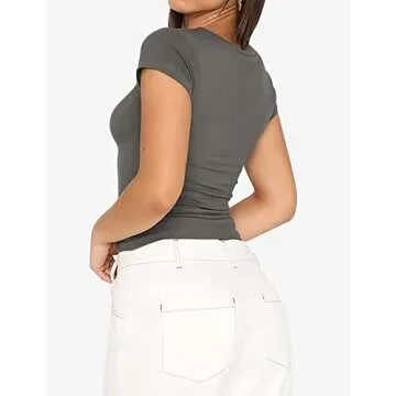 ZHENWEI Cute Workout Sets for Women Short Sleeve Basic Gym Athletic Tee Tight Cropped T Shirt Tops Black&Grey L