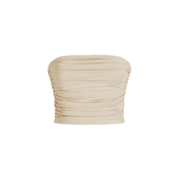 CIDER Strapless Ruched Crop Top: Beige, S