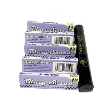 Blazy Susan Purple Rolling Paper 11/4 Slow Burning Ultra Thin 5 Packs and DeLaCruzV Tube.