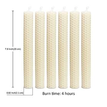 DEYBBY Natural Beeswax Taper Candles,8inch Dripless and Smokeless White Bee Wax,4Hour Burn Time Flat Top (Pack of 6)