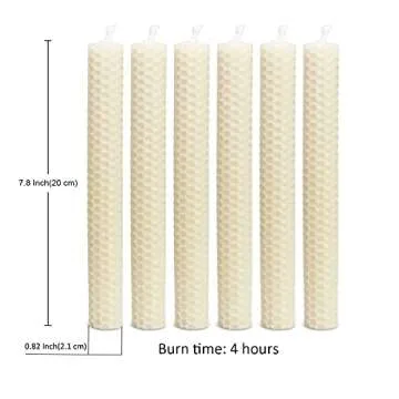 DEYBBY Natural Beeswax Taper Candles,8inch Dripless and Smokeless White Bee Wax,4Hour Burn Time Flat Top (Pack of 6)