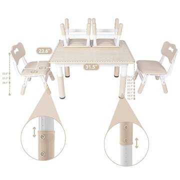 DOREROOM Height-Adjustable Kids Table and 4 Chairs Set, Toddler Table and Chair Set with Graffiti De...
