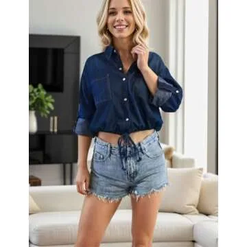 Kwoki Women's Cropped Denim Shirt Casual Stylish Top