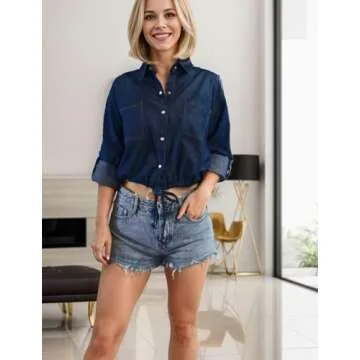 Kwoki Women's Cropped Denim Shirt Casual Stylish Top
