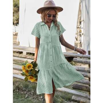 HOTYD Womens Gingham Dress Shirt 2024 Summer Casual Plaid Shirt Dresses Short Sleeve Button Down V Neck Dresses for Women Green and White Dress for Women Short Sleeve-Green S