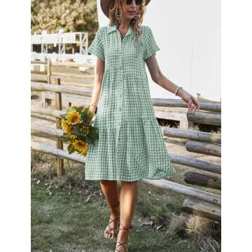 HOTYD Womens Gingham Dress Shirt 2024 Summer Casual Plaid Shirt Dresses Short Sleeve Button Down V Neck Dresses for Women Green and White Dress for Women Short Sleeve-Green S