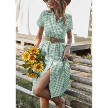HOTYD Womens Gingham Dress Shirt 2024 Summer Casual Plaid Shirt Dresses Short Sleeve Button Down V Neck Dresses for Women Green and White Dress for Women Short Sleeve-Green S