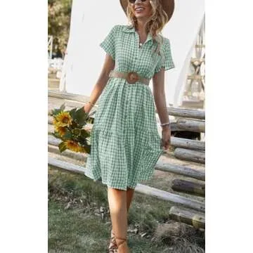 HOTYD Womens Gingham Dress Shirt 2024 Summer Casual Plaid Shirt Dresses Short Sleeve Button Down V Neck Dresses for Women Green and White Dress for Women Short Sleeve-Green S