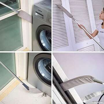 MUOOU Under Appliance Microfiber Duster with Extendable Pole, 100" Telescoping Gap Dust Brush, Long Flat Flexible Duster - 4 Cloth Cover