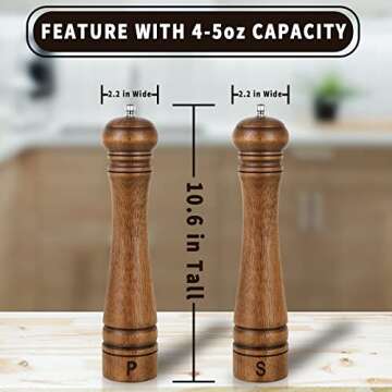 Pack of 2 Wood Pepper Grinder Set, 10 Inch Salt Mill And Pepper Grinder Set, Pepper Mill, Salt Shakers with Adjustable Ceramic Rotor - Oak Wood Pepper Grinder And Salt Mill for Your Kitchen