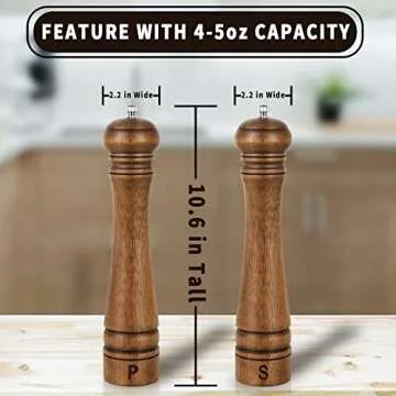 Pack of 2 Wood Pepper Grinder Set, 10 Inch Salt Mill And Pepper Grinder Set, Pepper Mill, Salt Shakers with Adjustable Ceramic Rotor - Oak Wood Pepper Grinder And Salt Mill for Your Kitchen