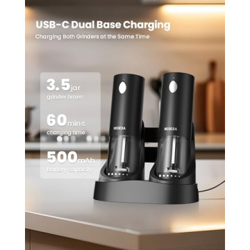 Electric Salt and Pepper Grinder Set with Rechargeable Base - Automatic Refillable Electric Salt and...