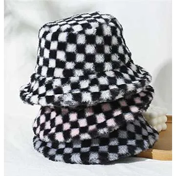 Eliaukly Winter Fluffy Checkered Bucket Hat for All