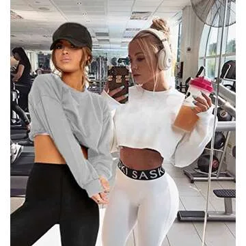 Kyerivs Crop Sweatshirt Crewneck Gym Yoga Running Athletic Active Wear Shirts For Women Cropped Sport Workout Crop Top Long Sleeve Teen Girls Shirts Grey Large