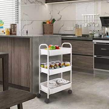 Simple Trending 3 Tier Heavy Duty Utility Metal Rolling Storage Cart with Plastic Basket on Lockable Wheels, White
