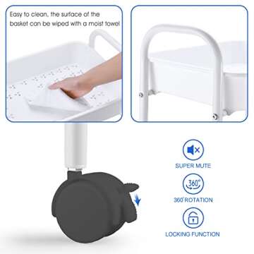 Simple Trending 3 Tier Heavy Duty Utility Metal Rolling Storage Cart with Plastic Basket on Lockable Wheels, White