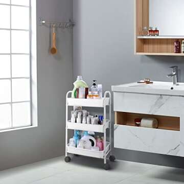 Simple Trending 3 Tier Heavy Duty Utility Metal Rolling Storage Cart with Plastic Basket on Lockable Wheels, White