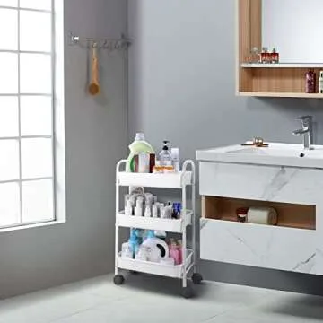 Simple Trending 3 Tier Heavy Duty Utility Metal Rolling Storage Cart with Plastic Basket on Lockable Wheels, White