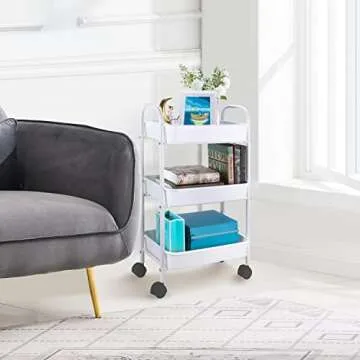 Simple Trending 3 Tier Heavy Duty Utility Metal Rolling Storage Cart with Plastic Basket on Lockable Wheels, White