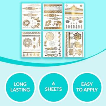 Terra Tattoos Gold Metallic Tattoo Flash Sheets Designs of Elephants, Flowers & more! Face Tattoos for Women Waterproof Nontoxic Long Lasting 75+ Designs for Vacation, Festivals Parties - Gold