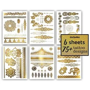 Terra Tattoos Gold Metallic Tattoo Flash Sheets Designs of Elephants, Flowers & more! Face Tattoos for Women Waterproof Nontoxic Long Lasting 75+ Designs for Vacation, Festivals Parties - Gold
