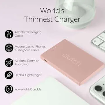 Clutch Pro - Portable iPhone Charger for Travel – 5000mAH TSA Approved Magnetic Airplane Safe Portable Charger only Compatible for iPhone 14 & Older Devices with Built-in Lightning Cable -3.7 oz- Pink