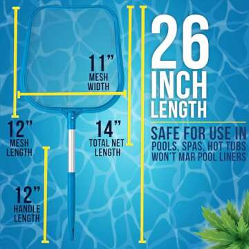 U.S. Pool Supply Professional Spa, Hot Tub, Pool Hand Leaf Skimmer Net, 26" Long with 12" Aluminum Pole - Fine Mesh Netting, Cleanout Leaves, Debris