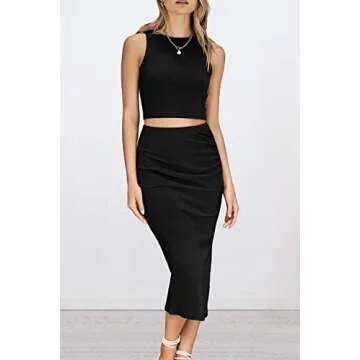 PRETTYGARDEN Women's 2 Piece Summer Outfits Crewneck Tank Tops Split Bodycon Midi Skirt Set (Black,L...