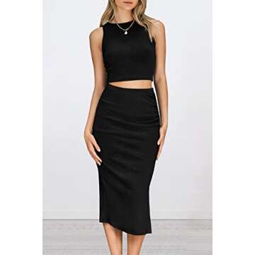 PRETTYGARDEN Women's 2 Piece Summer Outfits Crewneck Tank Tops Split Bodycon Midi Skirt Set (Black,Large)