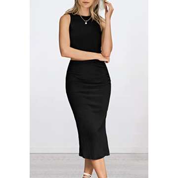 PRETTYGARDEN Women's 2 Piece Summer Outfits Crewneck Tank Tops Split Bodycon Midi Skirt Set (Black,Large)