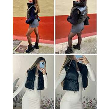 UANEO Womens PU Leather Cropped Puffer Vest Winter Faux Leather Zip Up Sleeveless Jacket (#2Black, Large)