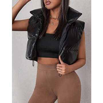 UANEO Womens PU Leather Cropped Puffer Vest Winter Faux Leather Zip Up Sleeveless Jacket (#2Black, Large)