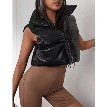 UANEO Womens PU Leather Cropped Puffer Vest Winter Faux Leather Zip Up Sleeveless Jacket (#2Black, Large)
