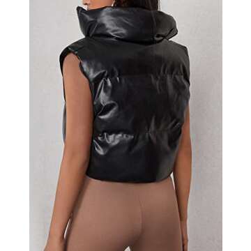UANEO Womens PU Leather Cropped Puffer Vest Winter Faux Leather Zip Up Sleeveless Jacket (#2Black, Large)