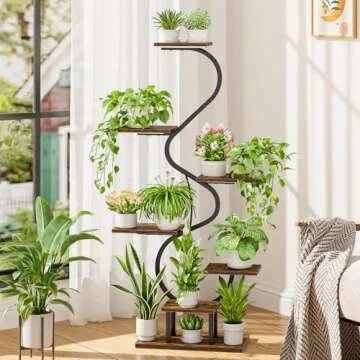 Plant Stand Indoor with Grow Lights - Tall Corner Plant Shelf, 7 Tiered Plant Stands for Indoor Plants, Metal Flower Plant Rack, Curved-Shaped Inoor Plant Holder for Living Room, Patio Decor（Black)