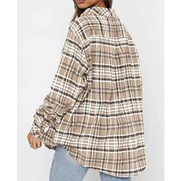 Lacozy Women's Casual Long Sleeve Flannel Shirt Buffalo Plaid Slim Fit Blouse Plus Size Tops Apricot Large