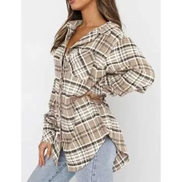 Lacozy Women's Casual Long Sleeve Flannel Shirt Buffalo Plaid Slim Fit Blouse Plus Size Tops Apricot Large