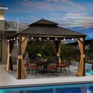 PURPLE LEAF Hardtop Gazebo 12' X 12' Metal Roof with Netting and Curtains Hard Top Backyard Patio Ga...