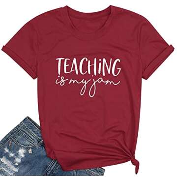 Teaching is My Jam Women T-Shirt Funny Letter Printed Summer Short Sleeve Teacher Tshirts Top (Red, M)