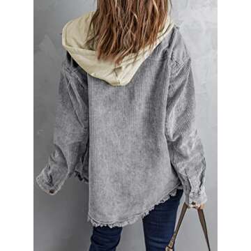 Dokotoo Womens Winter Fall 2024 Corduroy Shacket Jackets Long Sleeve Flannel Shirts Button Down Shirts Contrast Color Block Oversized Hooded Ripped Outerwear with Pockets Gray Small
