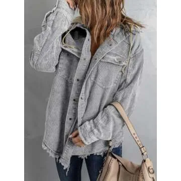 Dokotoo Womens Winter Fall 2024 Corduroy Shacket Jackets Long Sleeve Flannel Shirts Button Down Shirts Contrast Color Block Oversized Hooded Ripped Outerwear with Pockets Gray Small