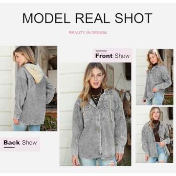 Dokotoo Womens Winter Fall 2024 Corduroy Shacket Jackets Long Sleeve Flannel Shirts Button Down Shirts Contrast Color Block Oversized Hooded Ripped Outerwear with Pockets Gray Small