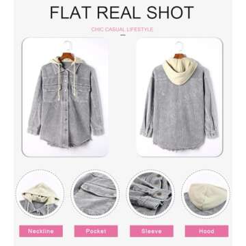 Dokotoo Womens Winter Fall 2024 Corduroy Shacket Jackets Long Sleeve Flannel Shirts Button Down Shirts Contrast Color Block Oversized Hooded Ripped Outerwear with Pockets Gray Small