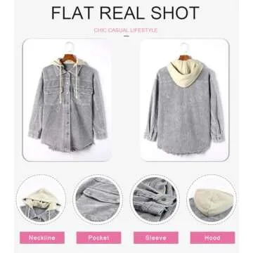 Dokotoo Womens Winter Fall 2024 Corduroy Shacket Jackets Long Sleeve Flannel Shirts Button Down Shirts Contrast Color Block Oversized Hooded Ripped Outerwear with Pockets Gray Small