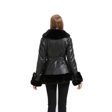 GRAN ORIENTE Faux Leather Jacket for Women with Faux Fur Collar Long Sleeve Fuzzy Parka Overcoat with Warm Trimmed Winter Peplum Coat Belted (GK007 Black XL)